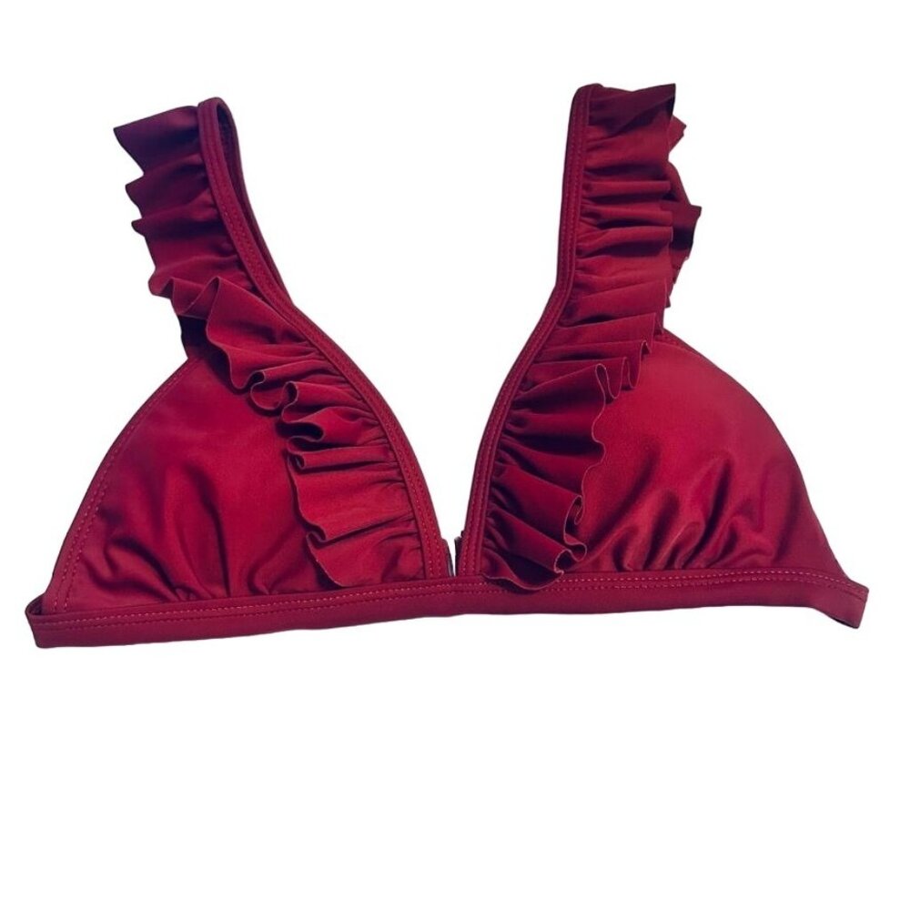 Molybell Ruffled Frill Deep V-Neck Swimsuit Bikini‎ Top Small Maroon Red Padded